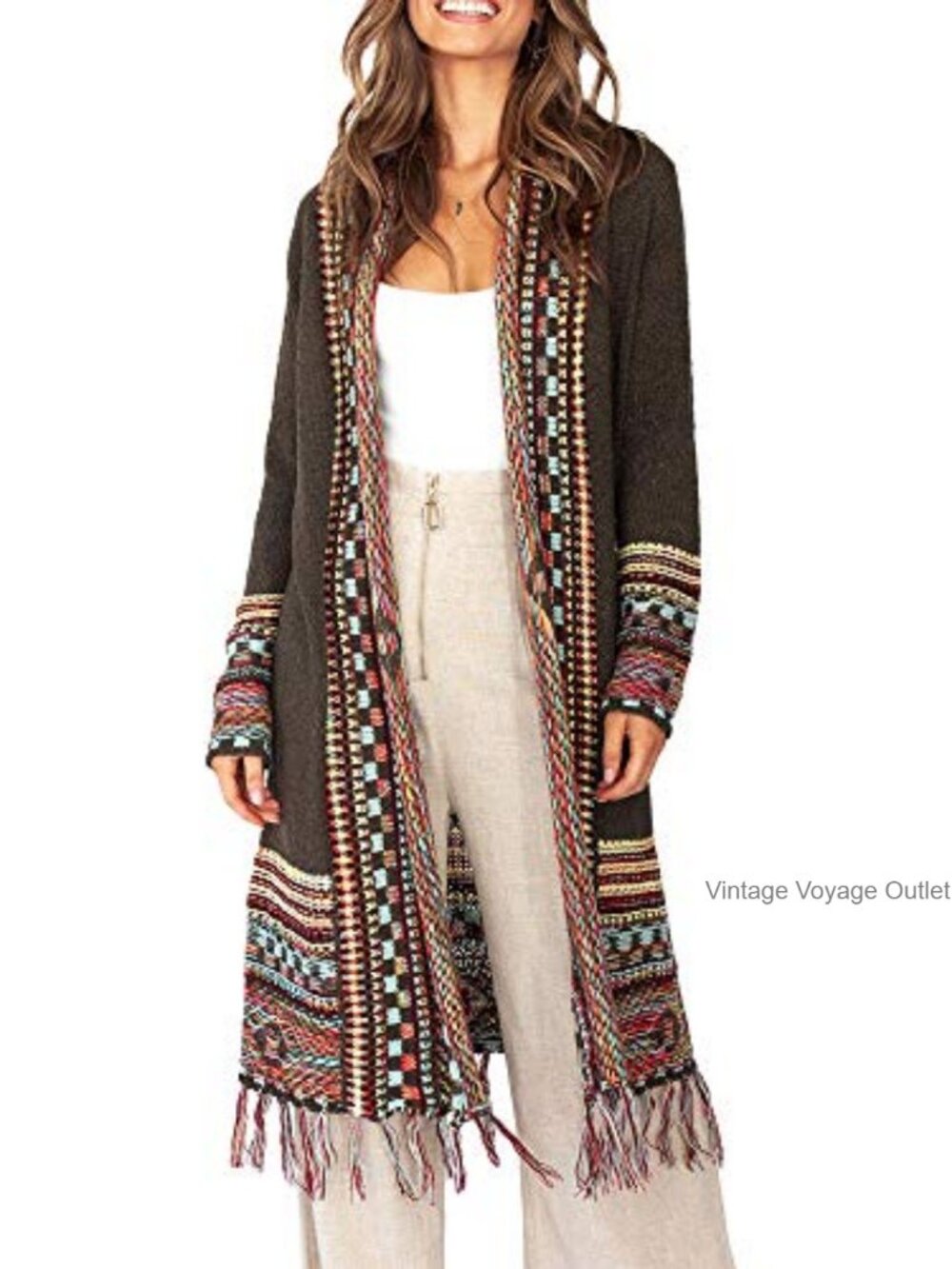 Boho Open Front Maxi Cardigan Sweater 100% Acrylic Knit Tassel Fringe